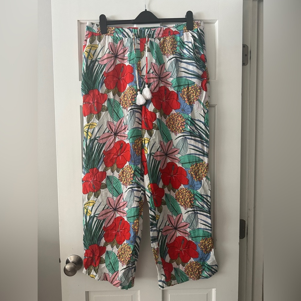 Talbots Floral 100% Cotton Elastic Tie Waist Tropical Pants